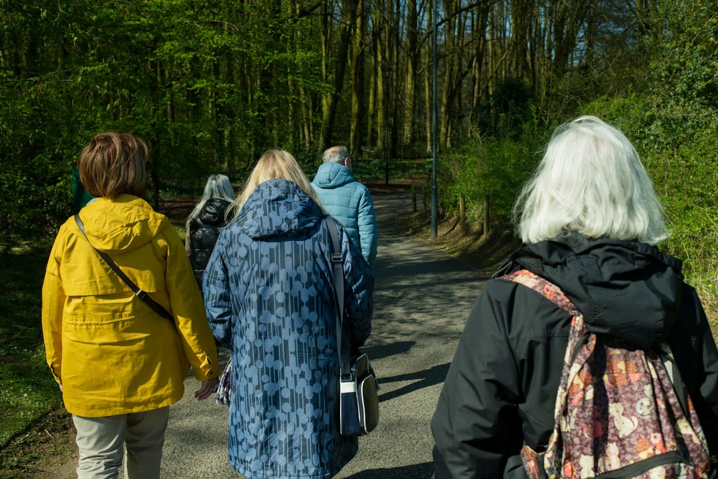Older adults walking on a forest path on a sunny day.